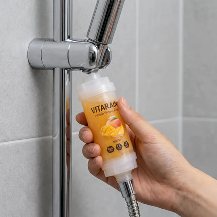VITARAIN Korean Vitamin C Shower Filter in Mango scent for reducing chlorine and improving shower water, فلتر الشور الكوري بفيتامين C من فيتارين برائحة المانجو لتقليل الكلور وتحسين ماء الشور