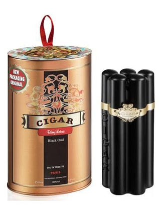 Cigar by Romeo Latour Black Oud Eau de Toilette set, featuring a metallic gold cylindrical tin with a red hanging loop and four black cylindrical perfume sticks with gold bands, shown on a white background.