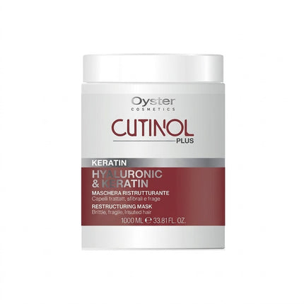 Oyster Cosmetics Cutinol Plus Keratin Hyaluronic & Keratin Restructuring Mask in a white jar with a red and gray label, on a white background.