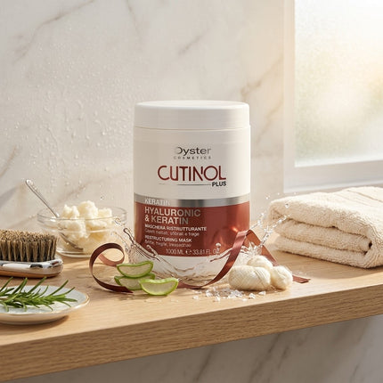 Oyster Cosmetics Cutinol Plus Hyaluronic & Keratin infusing mask in a white jar with a brown label, styled on a wooden shelf with skincare props like a brush, lime slices, and folded towels.