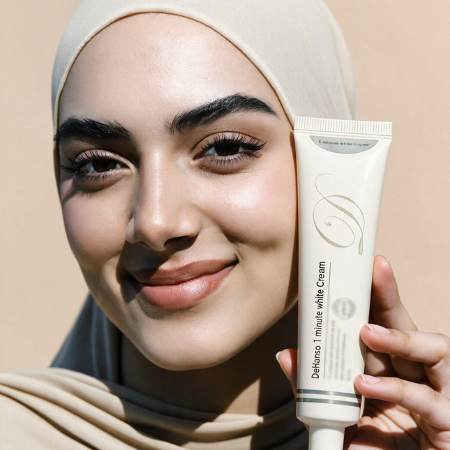 Woman in hijab holding DeHanso 1 Minute White Cream next to her cheek