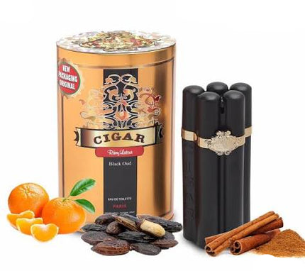 A perfume-toilette tin labeled CIGAR with citrus, nuts, cinnamon, and a black cylindrical bottle shown on a white background.