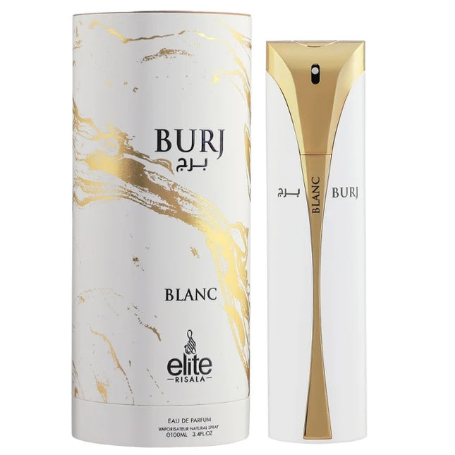 Buri Blanc Eau de Parfum shown with its cylindrical box and the perfume bottle. The packaging features a white marble pattern with gold accents, and the bottle is white with a prominent gold metallic band.